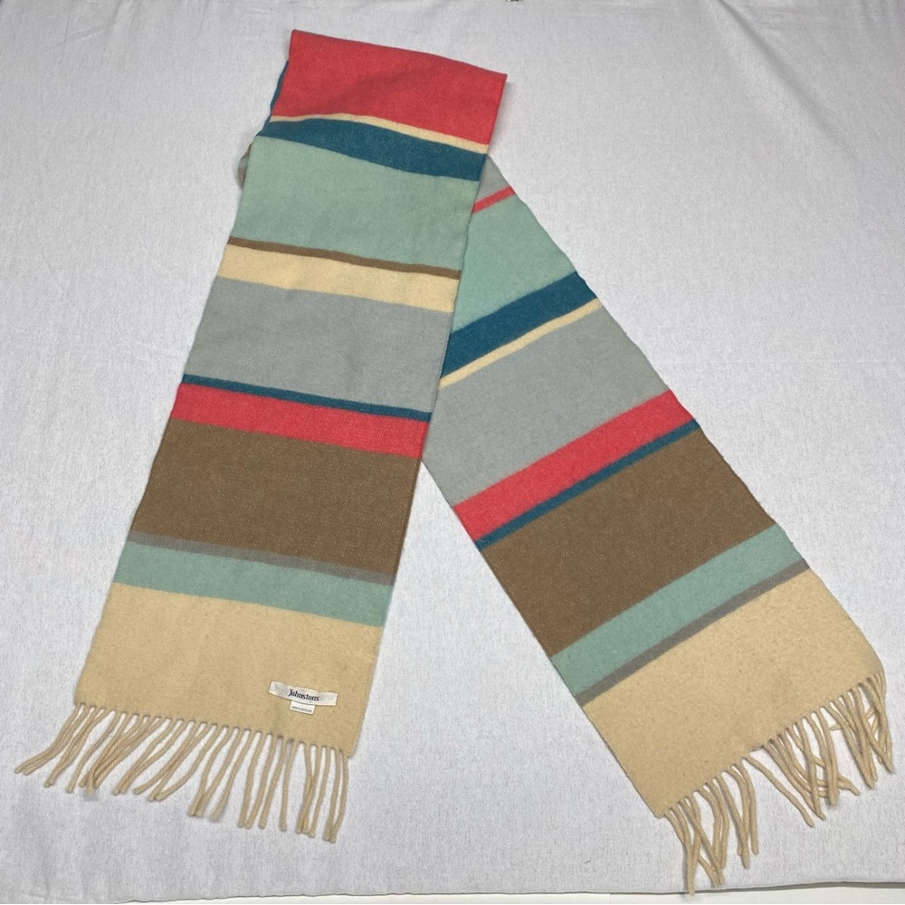 Johnston 100% Lambswool Striped Scarf w/ Fringe Made in Scotland Multicolor READ